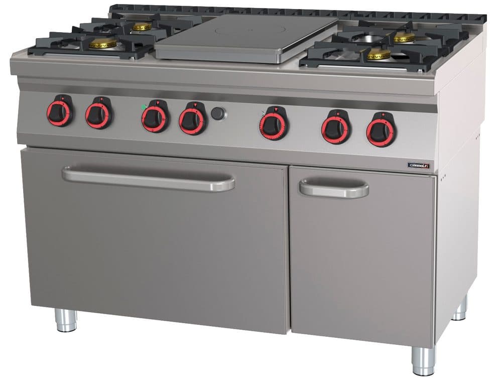Fourneau gaz 4 feux + 1 plaque coup de feu avec four électrique statique GN 2/1 HP 120